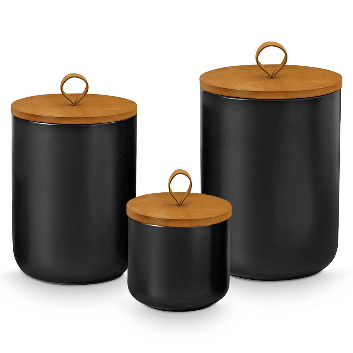 GENDLTHIJ Canister Sets for Kitchen,Ceramic Kitchen Canisters for Countertop with Airtight Wood Lids for Serving Ground Coffee, Tea, Spice, Grains, Sugar, Salt (Black Pack of 3 (8.7/27/44 Oz))