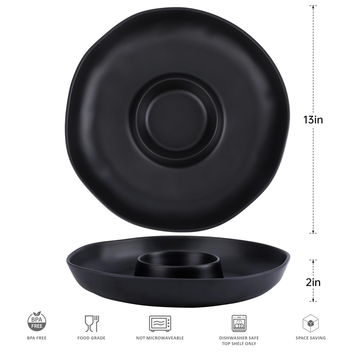 ZAROCRUS Chip & Dip Serving Set, 2 PCS Divided Cheeses Serving Platter, Relish Tray, Round Compartment Appetizer Set for Chips and Dip, Veggies, Candy and Snacks, Black, Set of 2
