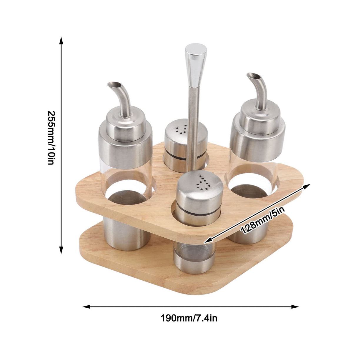4-Pack Stainless Steel Kitchen Dispenser Set with Wooden Holder - Precision Olive Oil, Vinegar, Salt & Pepper Bottles for Home & Restaurants