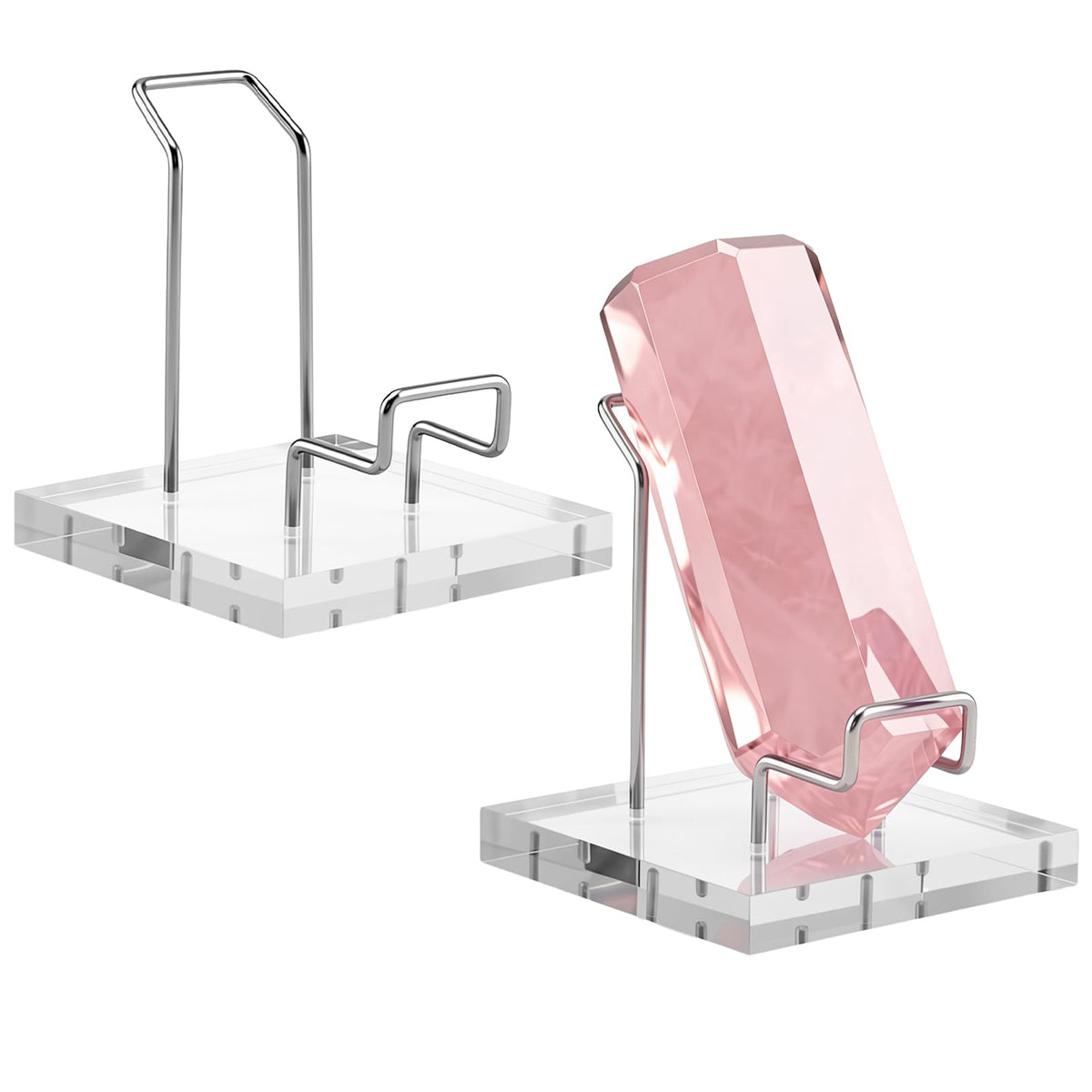 RattanView 2 Pcs Rock Display Stand Crystal Display Stand Clear Adjustable Metal Arms with Acrylic Base for Crystals Rocks Gemstones Mineral Stone Specimens Collectible, 2.5 x 2.5 x 3.2 Inches