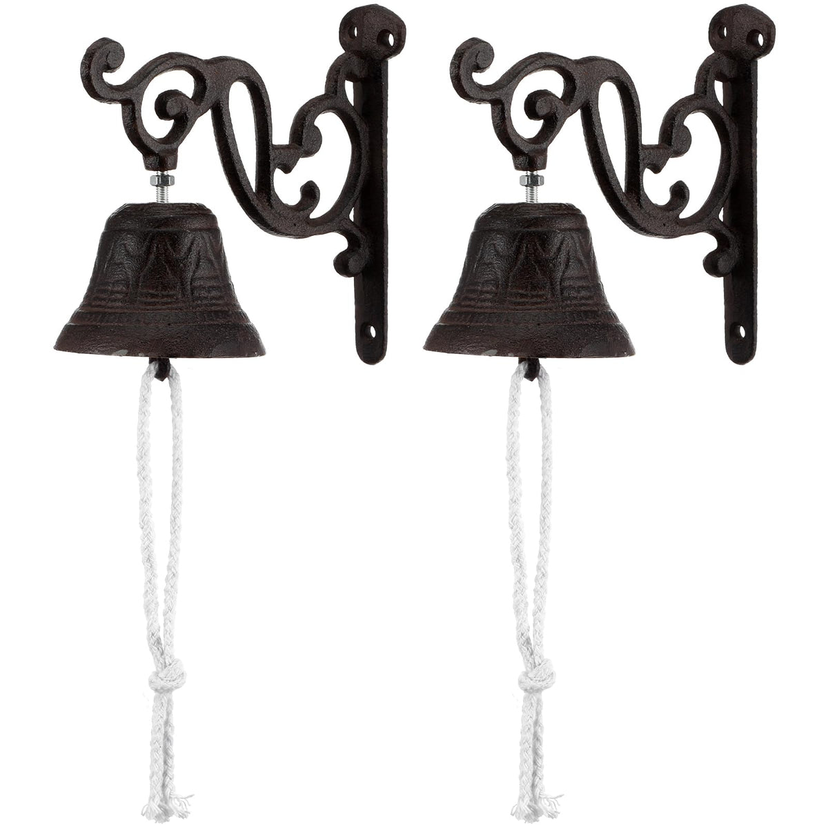 2 Pack Cast Iron Dinner Bells with Rope - Classic Brown Outdoor Hanging Bell for Wall Mount, Farmhouse, Garden, Porch - Loud Sound for Home, Church, Learning Places Decor