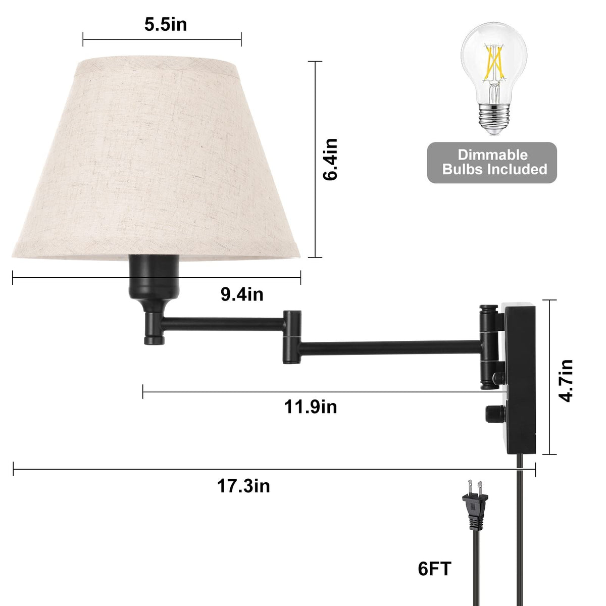 TRLIFE Wall Sconce Plug in, Dimmable Wall Sconces Set of Two Swing Arm Wall Lights with Plug in Cord and On/Off Dimmer Rotary Switch, 9.4" Medium Beige Fabric Shade(2 Pack, 2 Bulbs)