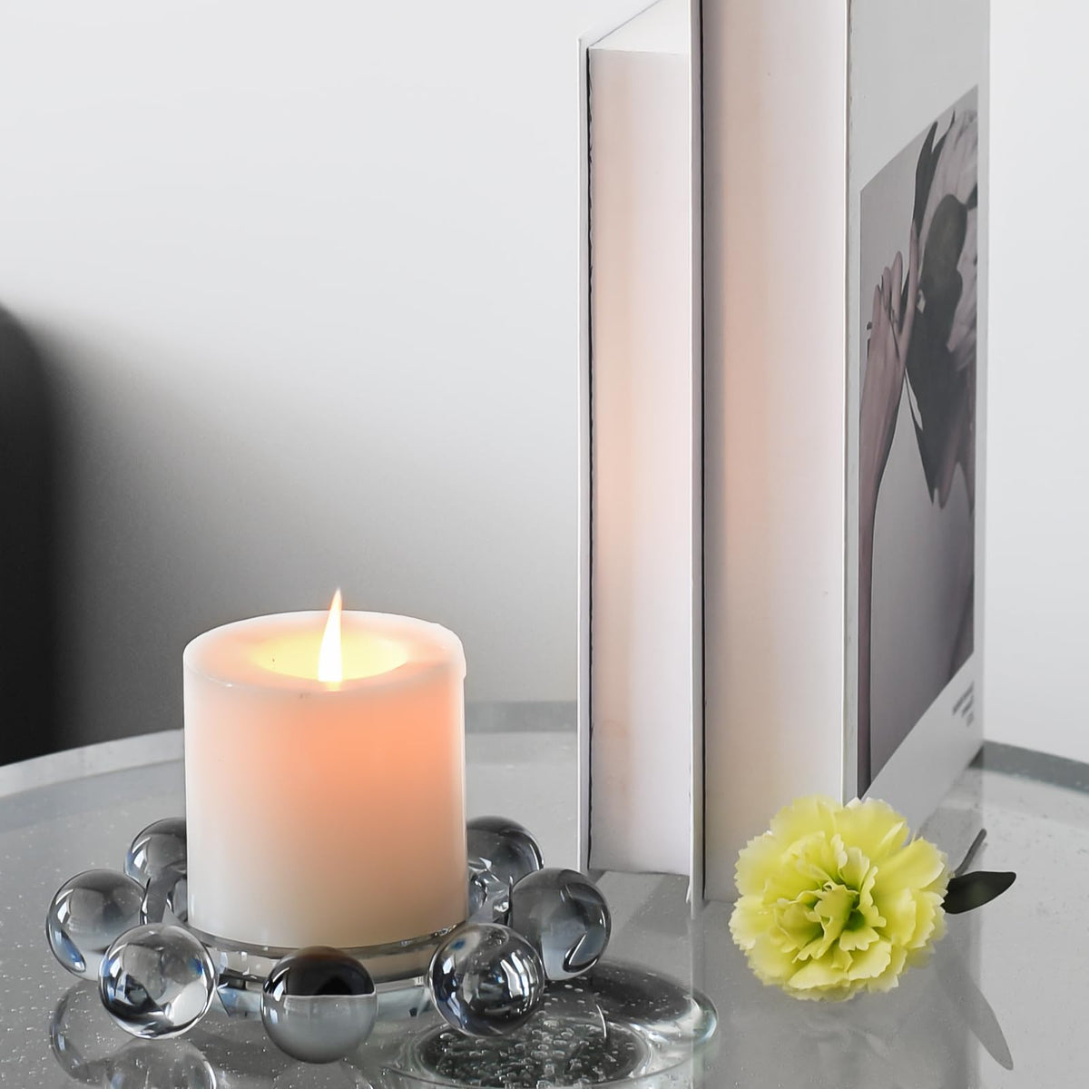 Marvala Crystal Bubble Candle Dish, Round Pillar Candle Holder Plate Stand for Table Centerpieces, Modern Decorative, Home, Party, Wedding Decor (Advanced Grey)