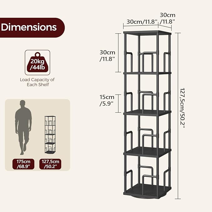 MAHANCRIS 4-Tier Rotating Bookshelf, Freestanding Corner Bookshelf, 360°