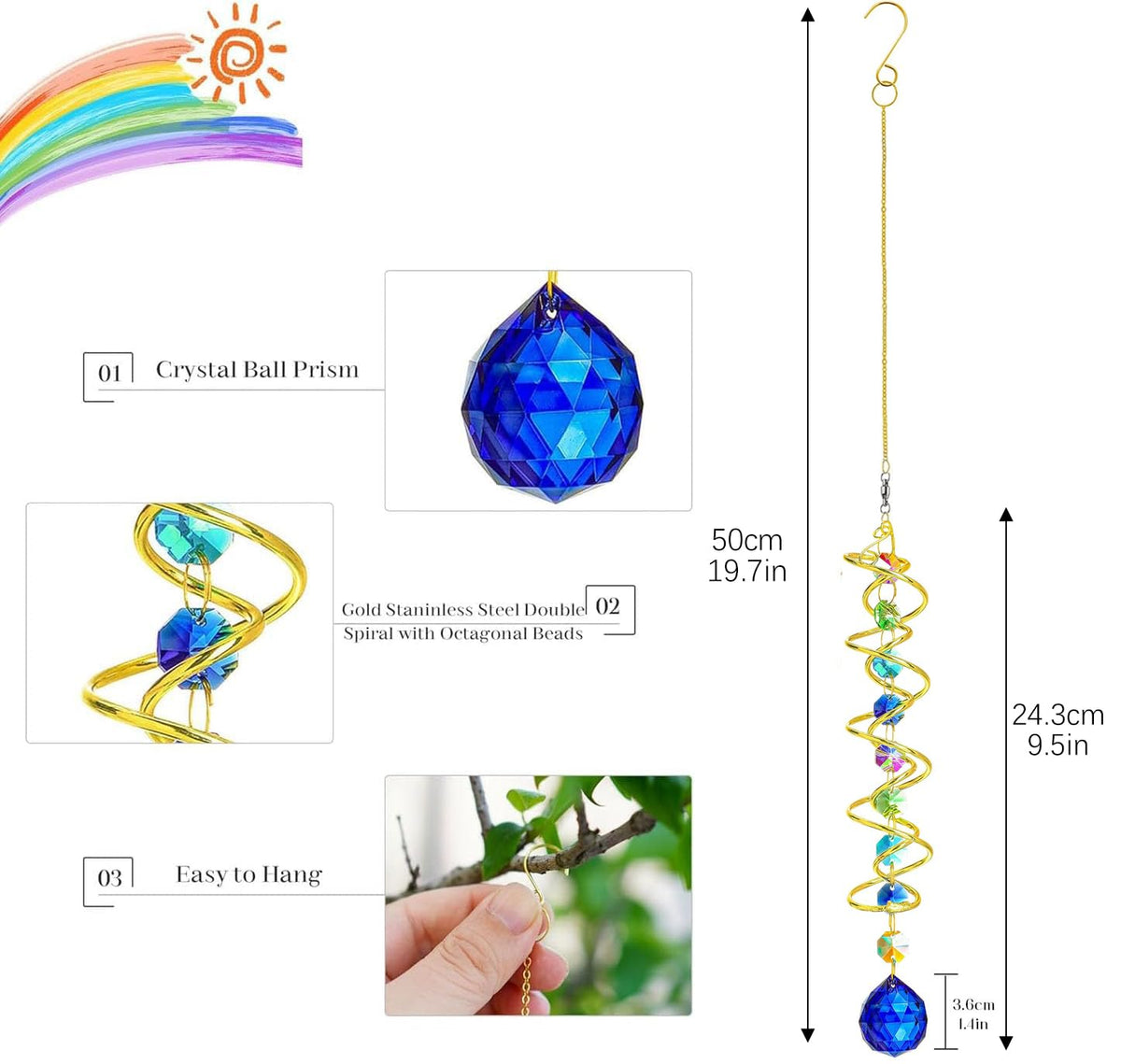 H&D HYALINE & DORA Gazing Ball Spiral Tail Crystal Suncatcher, Rainbow Maker Crystal Beads Decor Sun Catcher Hang with Hook for Window Indoor Outdoor
