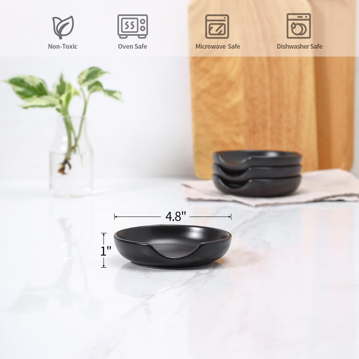 Selamica Ceramic Spoon Rest, 4.8 Inch Spoon Rest for Stove Top, Spoon Holder for Kitchen Counter, Coffee Spoon Holder, Heat-Resistant Cooking Utensil Rest for Ladles Tong, Set of 4, Black