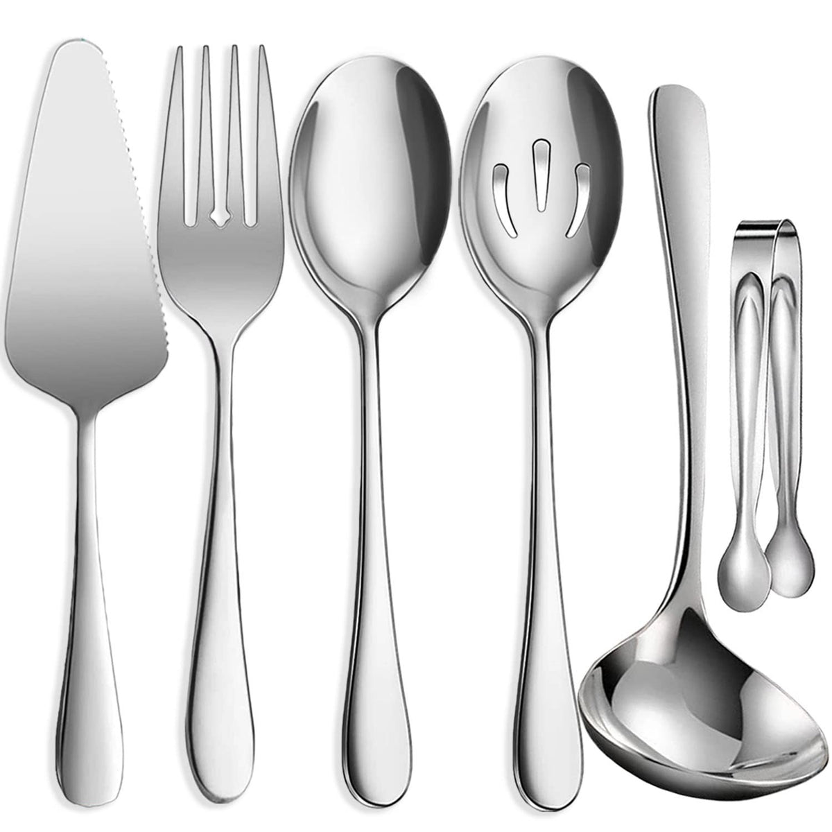 IAXSEE 6 PCS Stainless Steel Serving Utensils, Large Serving Spoons Slotted Spoons, Forks, Ice Suger Tongs, Cake Server, Soup Ladle, Metal Utensils Set Great for Buffet Catering Banquet Party, Silver