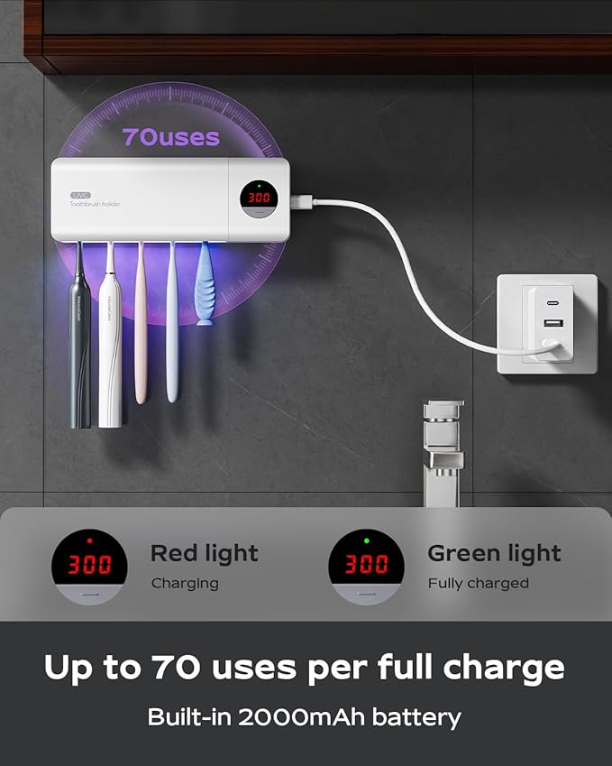HouseGem Toothbrush Holder, Timer Function, 2000mAh Rechargeable Cordless