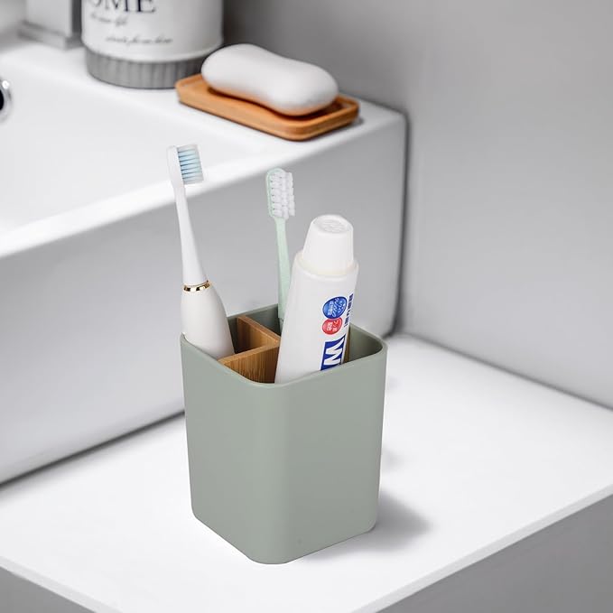 Bamboo Toothbrush Holder for Bathrooms, 3 Slots Kids Toothbrush and Toothpaste