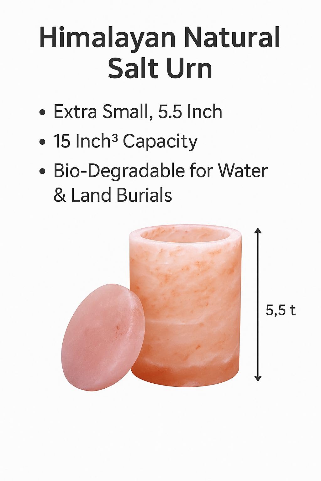 Himalayan Salt Urn for Ashes – Extra Small, Classic Cylinder Shape, 15 Cu in – Biodegradable Cremation Urn for Child or Pets – Hand-Carved Memorial Urn – Eco-Friendly Burial Option