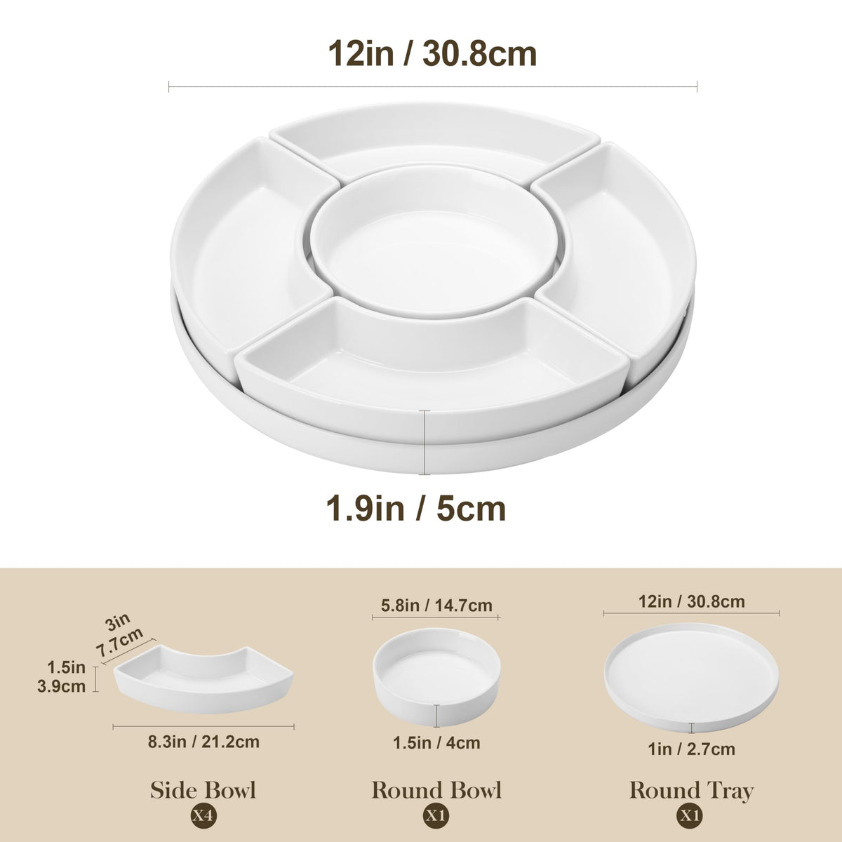MALACASA Porcelain Divided Serving Dishes, Appetizers Tray, Serving Tray for Party - Perfect for Chips and Dip, Fruit, Veggies, Candy and Snacks, Divided Serving Platter, Relish Tray, White