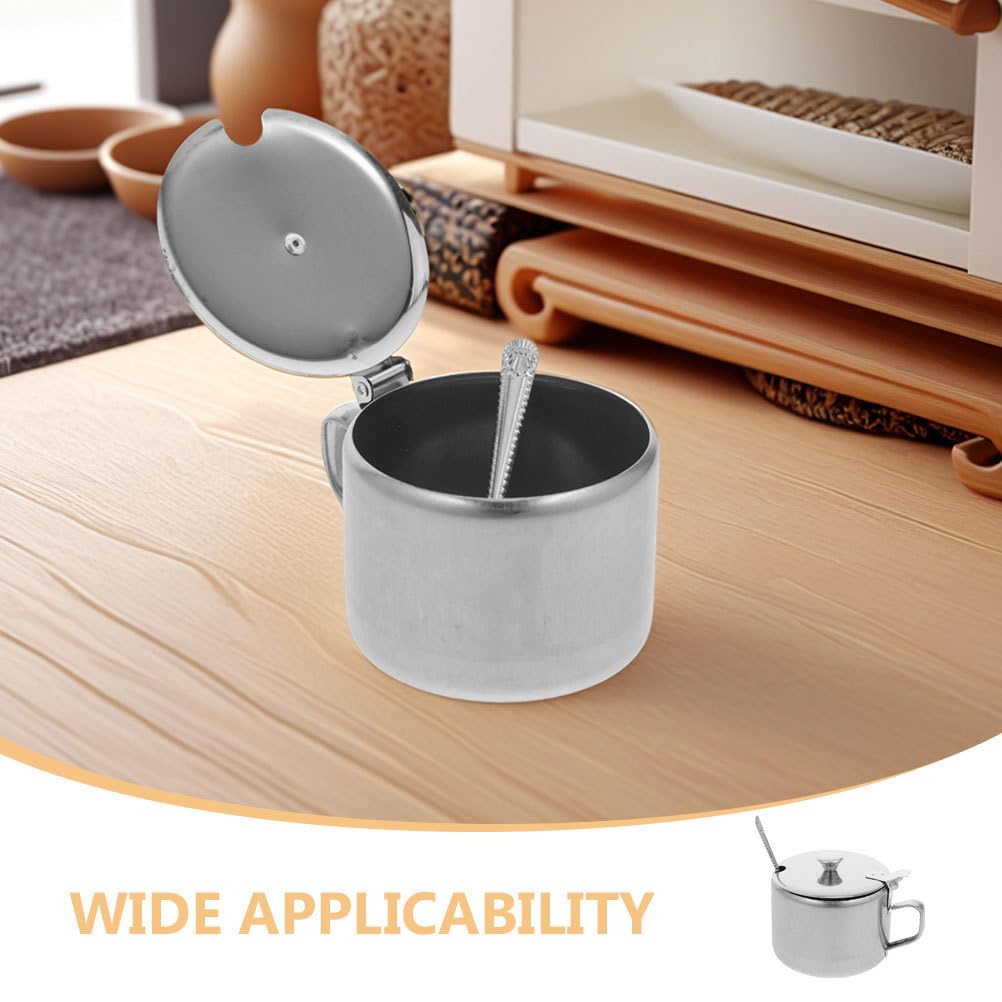 Healvian Stainless Steel Sugar Bowls Set of 3 with Lids and Spoons Multipurpose Kitchen Condiment Containers for Sugar Salt Pepper Spice Storage with Handles 3.93X3.14X2.67 Inches
