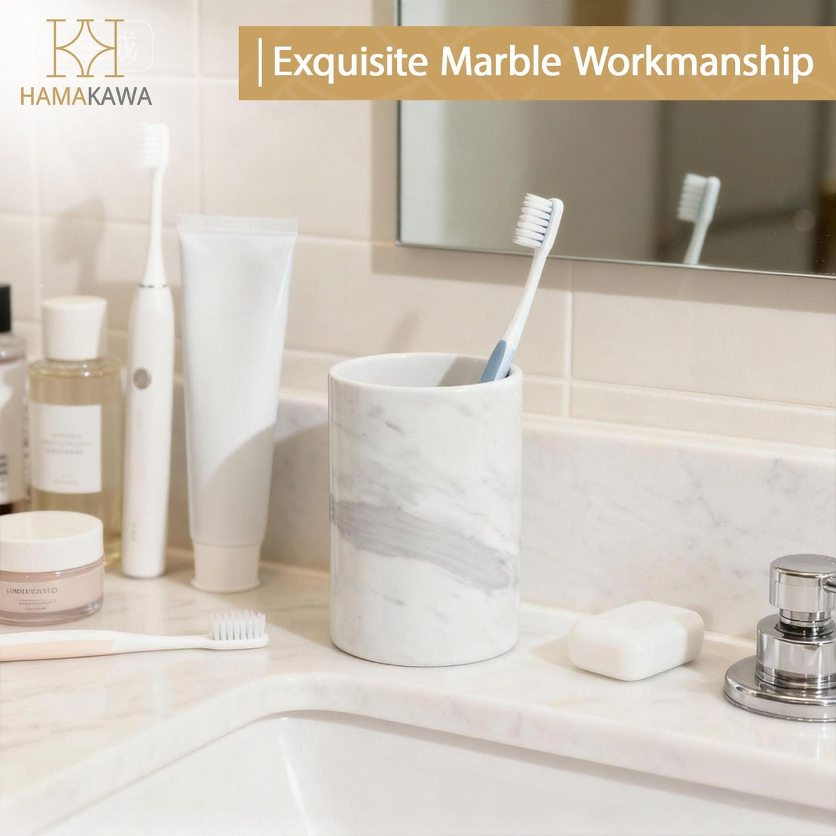 HAMAKAWA Natural Marble Toothbrush Holder, Volakas White Toothbrush Tube for Bathroom, Makeup Shelf, Counter, Bedroom and Dresser