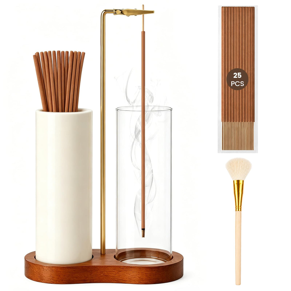 2 in 1 Incense Holder with Glass Ash Catcher, Ceramic Storage Jar, 25 Incense Sticks & Ash Brush, Ideal for Meditation, Yoga, Spa & Home Decor