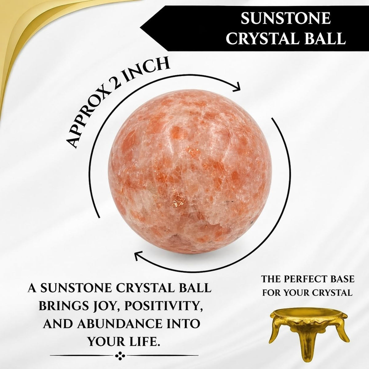 GEMSCITE Natural Sunstone 50-55 mm Gemstone Ball Sphere with Stand Hand Carved Crystal Altar Healing Devotional Focus Spiritual Chakra Cleansing Metaphysical Gift for Men Women from India