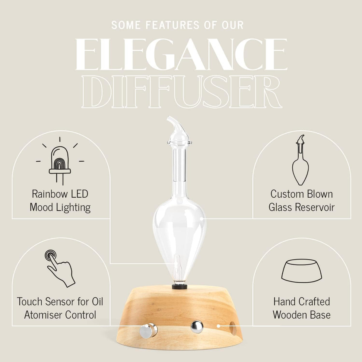 Organic Aromas Elegance Aromatherapy Diffuser for Essential Oil, Waterless Glass Nebulizer w/Auto-Off Switch, BPA Free - Lightwood