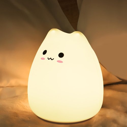 Lueudu LED Cat Night Light, Battery Powered Night Light for Kids, Silicone Multicolor Cute Lamp with Warm White and 7-Color Breathing Mode, Christmas Gifts for Kids, Baby, Children, Lady (Cute Cat)