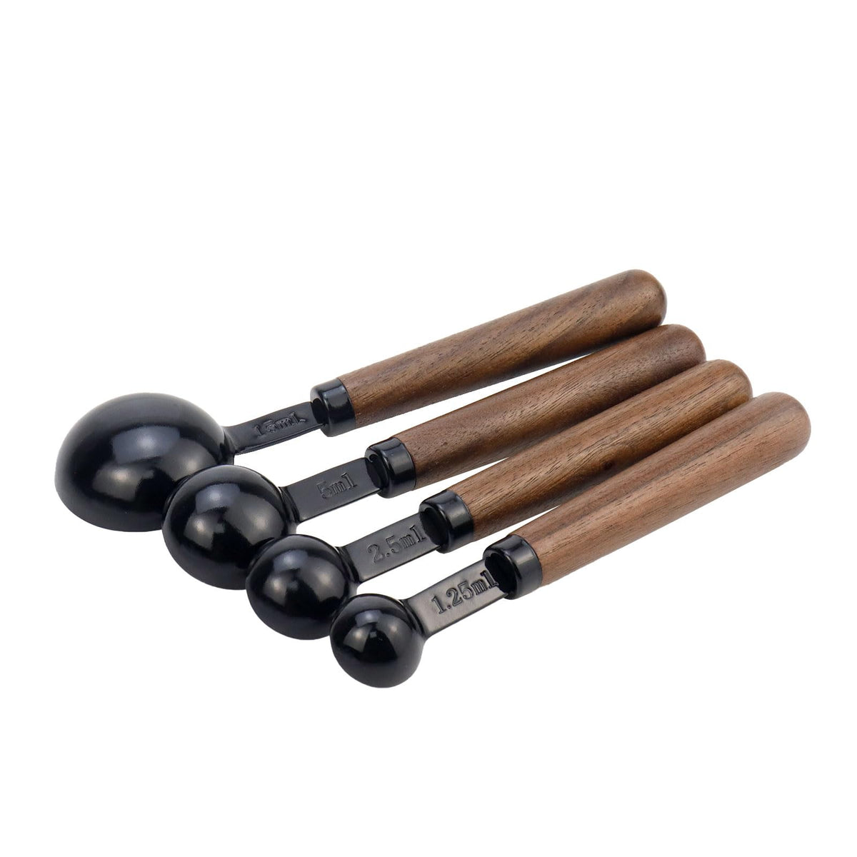 Mewutal Set of 4 Measuring Spoons Black Measuring Scoops with Wooden Handle Stainless Steel Measuring Spoons Set for Kitchen Flour Spice Seasoning Measurement (15ml+5ml+2.5ml+1.25ml)