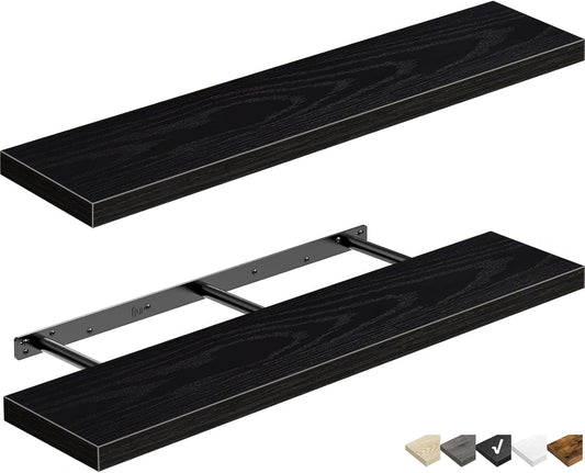 QEEIG Floating Wall Shelves - Stylish 35.4" Long Set of 2 for Bathroom, Kitchen, Living Room | Black Home Decor