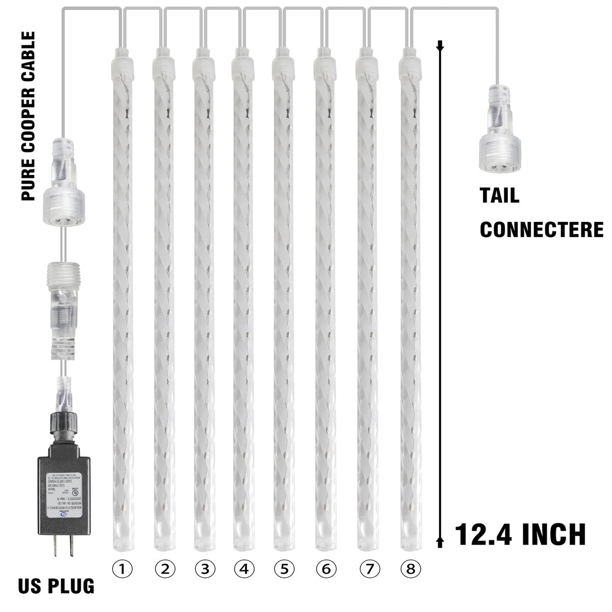 Dazzle Bright Christmas Lights Outdoor, 288LED Meteor Shower Rain Lights 12 Inch 8 Tubes, Waterproof Plug in Falling Icicle Light Christmas Decorations for Xmas Tree Yard House Decor (White)