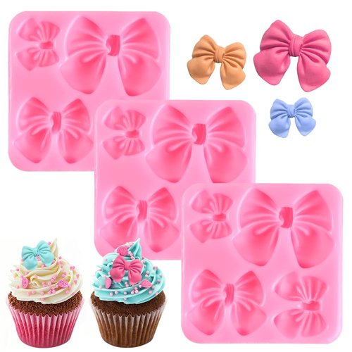 FDKYOEK 3 PCS Bow Chocolate Molds, Pink Silicone Chocolate Mold, DIY Mini Bows Sugar Candy Molds for Wedding Birthday Party Cake Cupcake Decoration, Bowknot Fondant Mold Baking Supplies