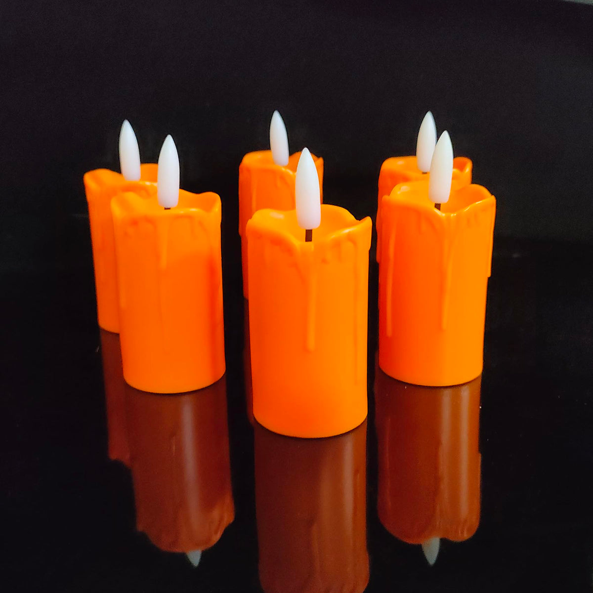 6 Pack LED Flameless Votives with Built-in Timer Realistic Black Wick Drips Battery Operated Electric Candle Set for Home Party Wedding Halloween Christmas Decorations 1.5” D x 3.5” H, Orange
