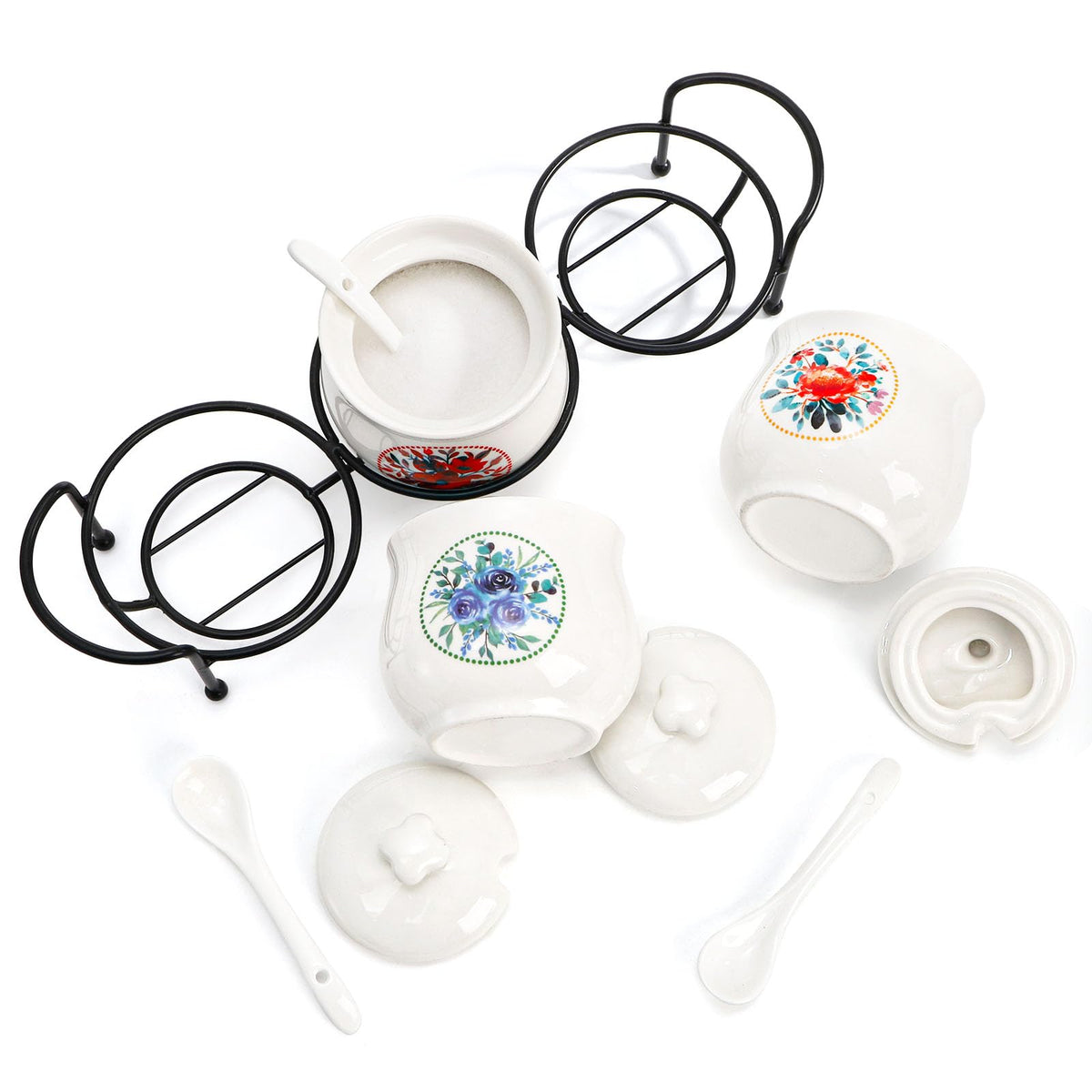ELFULLY 3 Pcs Ceramic Condiment Jars, 7 Oz Small Sugar Bowls with Lids Spoons and Shelf, Round Spice Container Pot Set for Salt Pepper, Empty Seasoning Box for Kitchen Restaurant Home, White