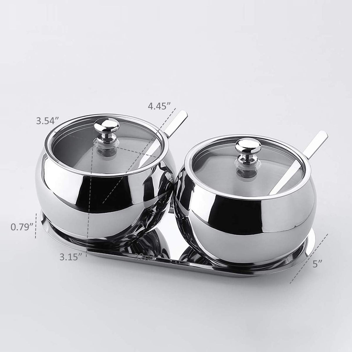 KEMIYIXIAN 2 Stainless Steel Sugar Bowl with Lid Spoon and Tray, Polished Shiny Condiment Pots for Serving Sugar Pepper Salt Spice- 330ml/ 11.6 Oz