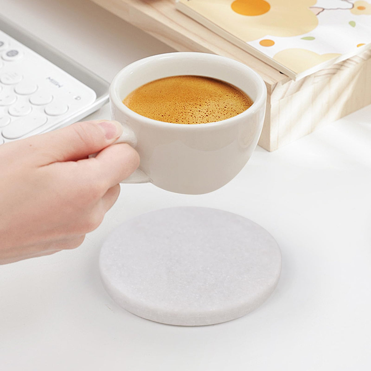 White Marble Coasters with Bling Particles, Set of 4 - Natural Marble Stone Drink Coaster with Protective Silicone Feet, 4 inch Diameter, 0.4 inch Thick - Heat-Resistant Coasters for Coffee Table