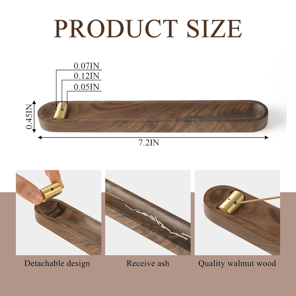 Wood Incense Holder for Sticks with Ash Catcher, 7.2 Inch Brass Incense Burner with 3 Holes, Wooden Incense Stick Holder for Meditation, Yoga, SPA & Home Decor