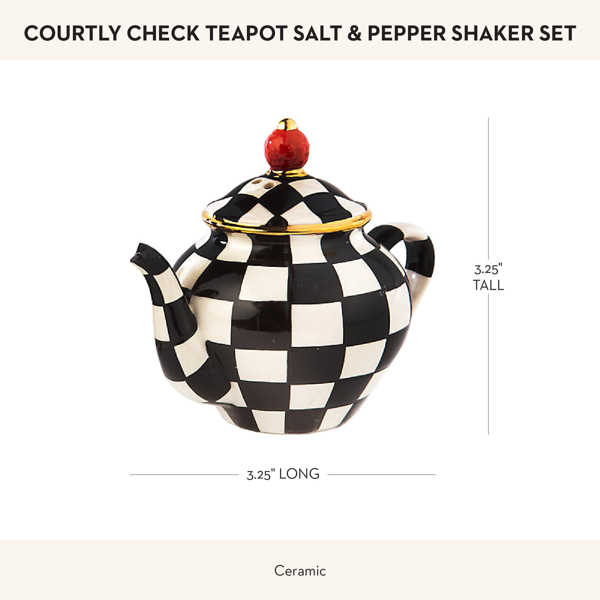 MACKENZIE-CHILDS Teapot Salt and Pepper Shaker Set, Ceramic Salt and Pepper Holders, Black-and-White Courtly Check
