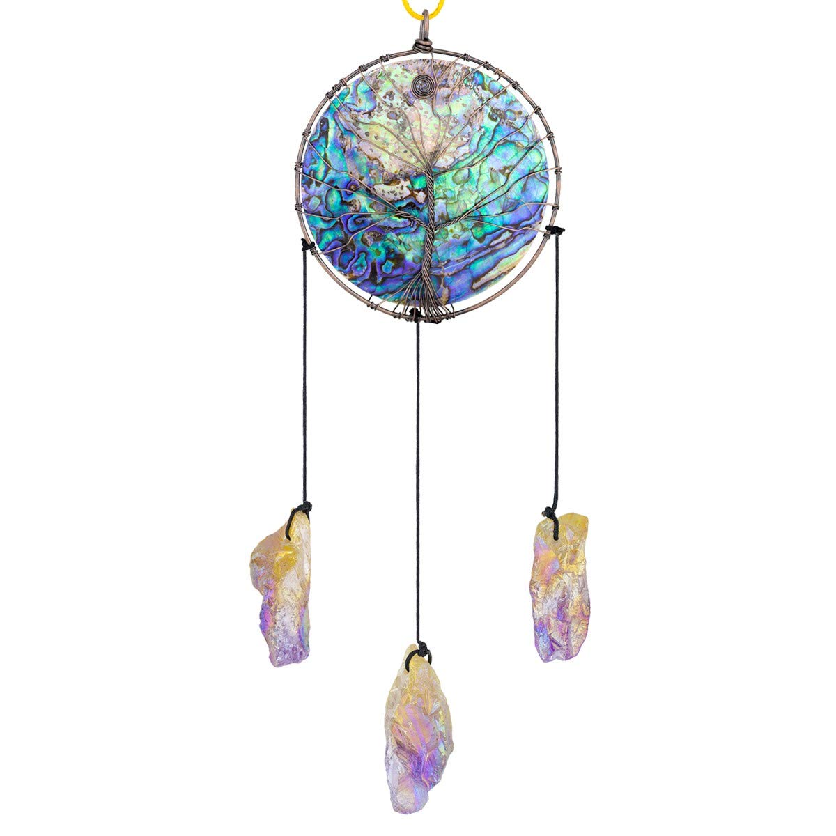 rockcloud Abalone Shell Tree of Life Christmas Ornament with Titanium Coated Crystals Points Pendant Hanging Tree Ornament for Window Wedding Home Decor, Yellow & Purple