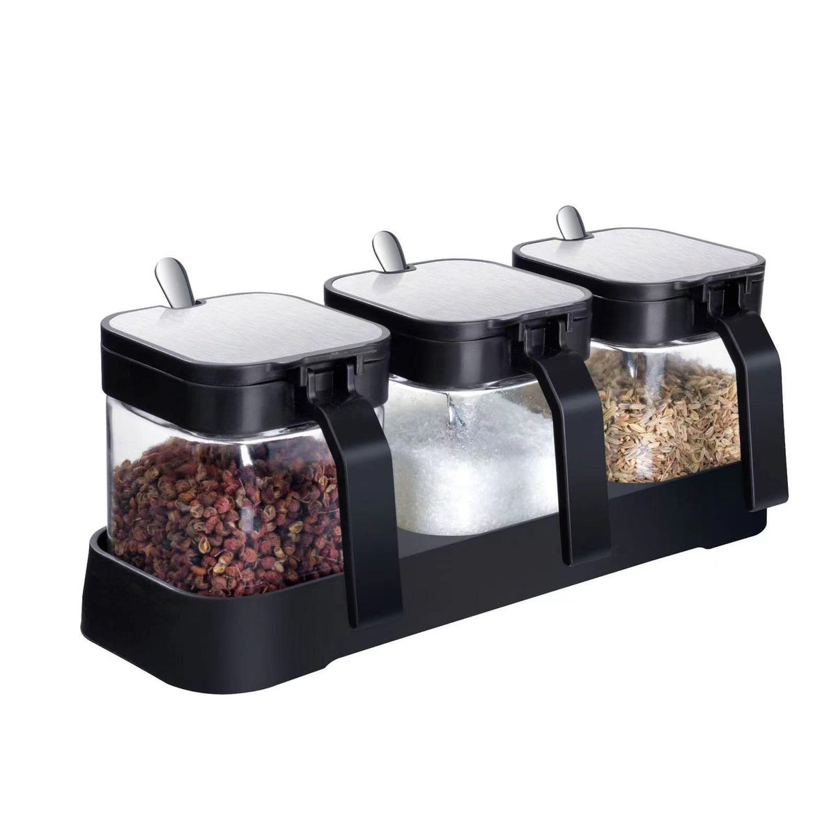 W WBLD Glass Condiment Jar Spice Container with Lids and Spoons, Square Clear Seasoning Sugar Containers Set with Base, Sugar Pepper Salt Spices Bowl for Kitchen Countertop,3pcs
