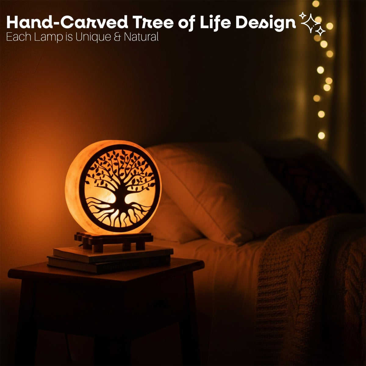SAF Naturals Himalayan Pink Salt Lamp with Tree of Life Design 6 Inch Hand-Carved, Wooden Base, for Home Decor, Meditation & Gifts