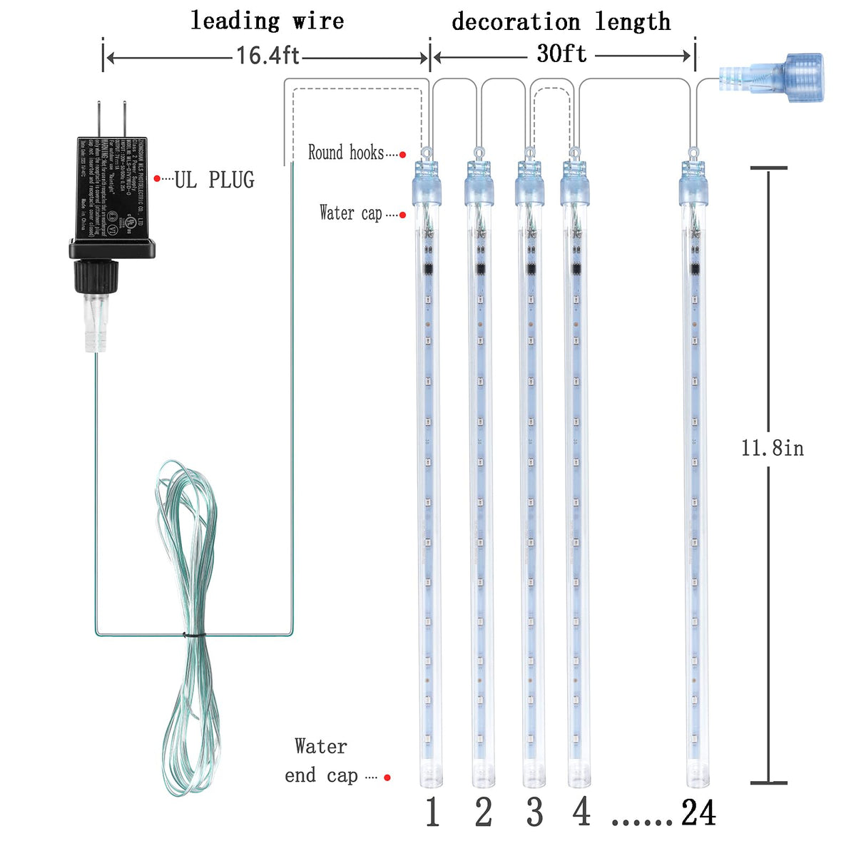 Kwaiffeo Christmas Lights Outdoor, 24 Tubes(Equivalent to 3 Sets of 8-Tubes) Meteor Shower Light Snow Falling Icicle Lights for Xmas Tree Halloween Decoration Wedding Party Window, UL Plug, White