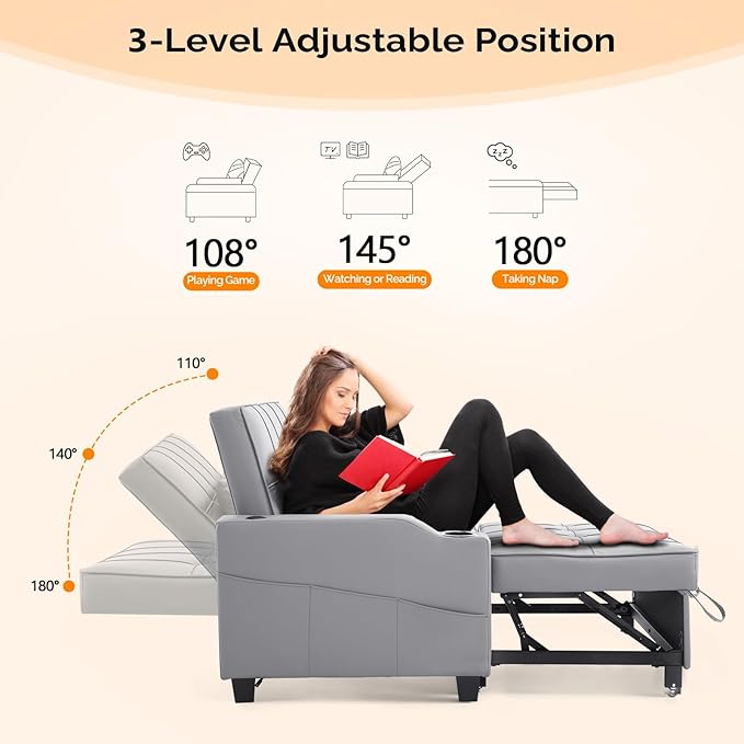 VINGLI Convertible Loveseat Sleeper Sofa, Light Grey Faux Leather Futon Sofa