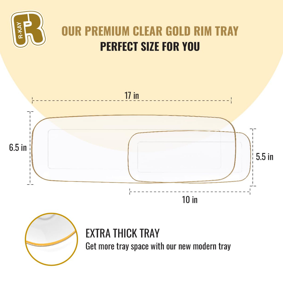 R-kay 4 Pack Plastic Serving Trays For Party - Gold Serving Tray 17 by 6.5 Inch - Heavy Duty Clear Trays For Food - Long Party Serving Trays For Entertaining - Clear Platters
