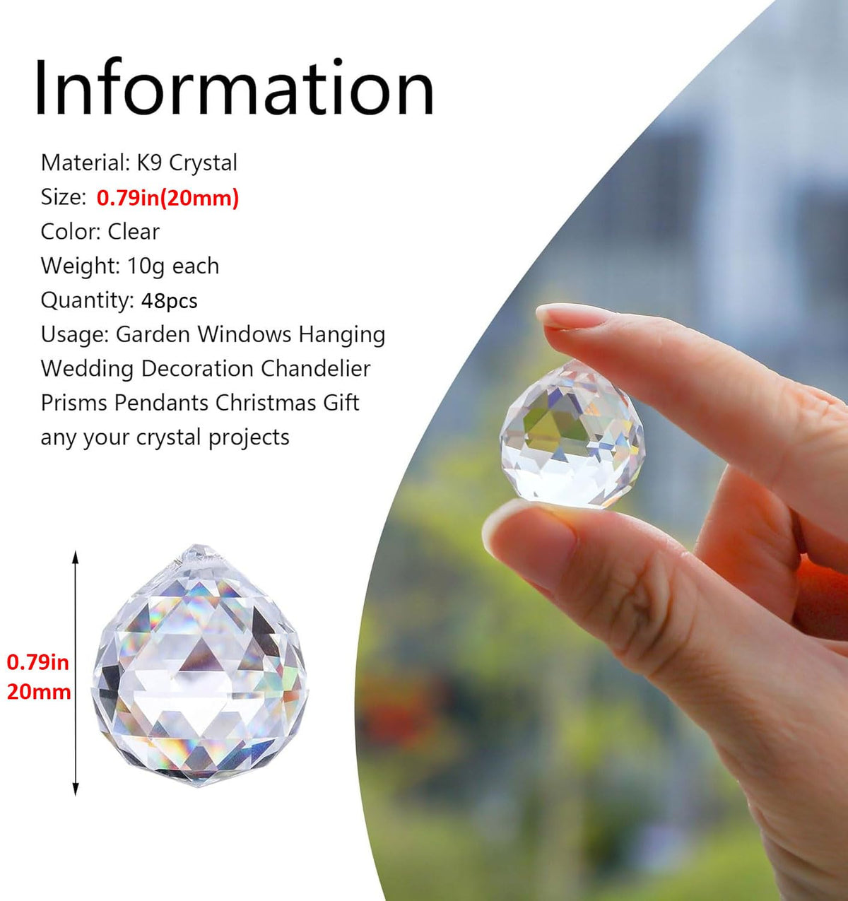 HDCRYSTALGIFTS 48pcs Clear Crystal Ball Prism 20mm Chandeliers Prism Sun Shine Catcher Rainbow Pendants Maker, Hanging Crystals Prisms for Windows Glass Ball Ornaments for Christmas Tree