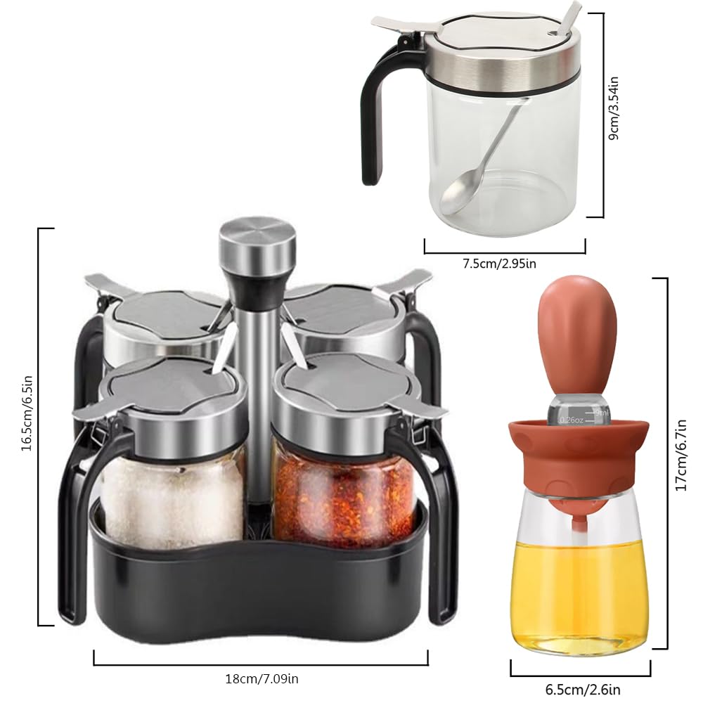 TINMIX Revolving Condiment Pots Sugar Bowl Salt & Pepper Cellar with Lid and Spoon, Set of 4 Seasoning Box Spice Jar with 360 Rotating Tray for Kitchen, 2 Pots+2 Oil Dispenser Bottles