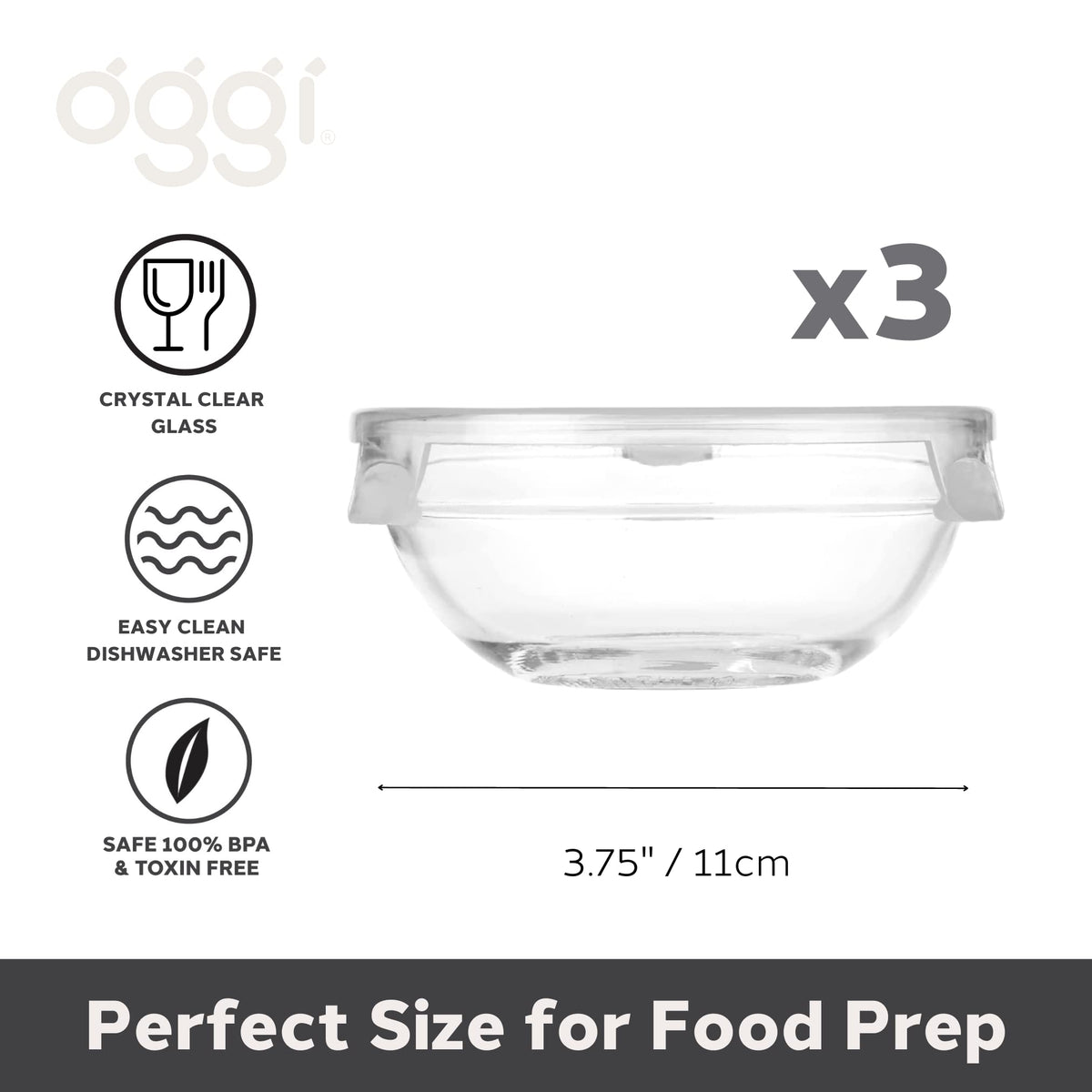 OGGI Set of 3 x Glass Pinch Bowls - 4oz with Clip Lids, Ideal For Salt and Pepper, Storage with Lids, Condiment Bowls, Mini Bowls, Prep Bowls for Cooking or Mise en Place - Clear