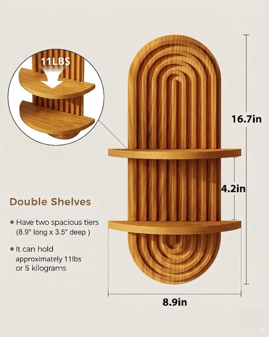 Bamworld Boho Wall Decor Brown Plant Wall Shelf, Mid Century Modern Decor Hanging Plant Shelf, 2-Tier Wooden Floating Shelves for Home, Bathroom Bedroom Living Room, Office Holding Planter Decoration