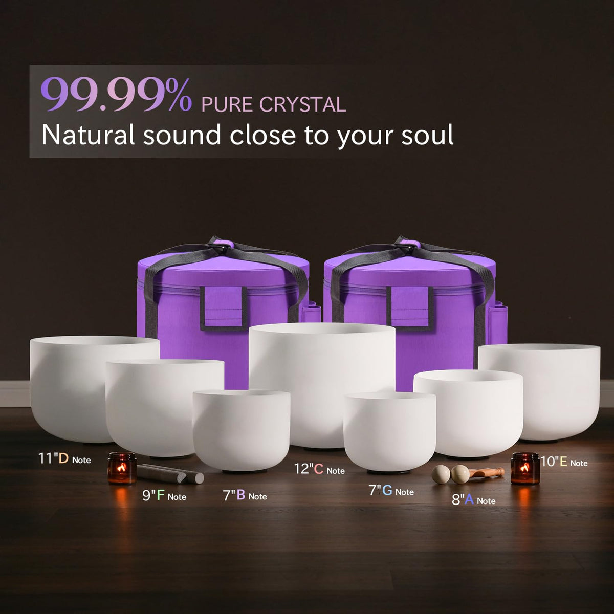 CVNC 432Hz 7-12 Inch Crystal Singing Bowl Set of 7 with 2 Pcs Carrying Case Bag, Frosted Quartz Crystal Sound Bowls for Chakra, Sound Therapy, Meditation Energy