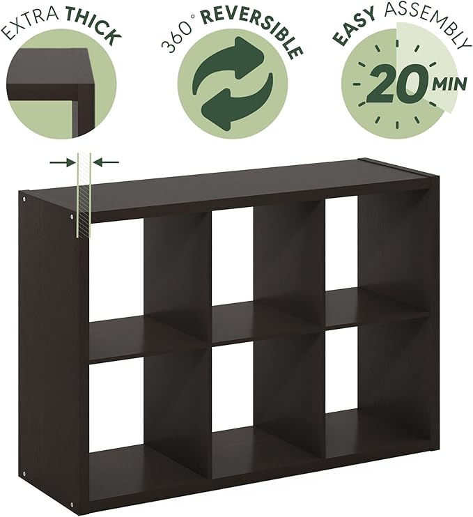 Furinno Cubicle Book Shelf, 6-Cube Bookshelf, Extra Thick Frame Horizontally &