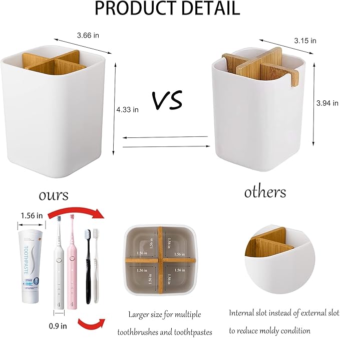 Bamboo Toothbrush Holder for Bathrooms, 4 Slots Toothbrush and Toothpaste