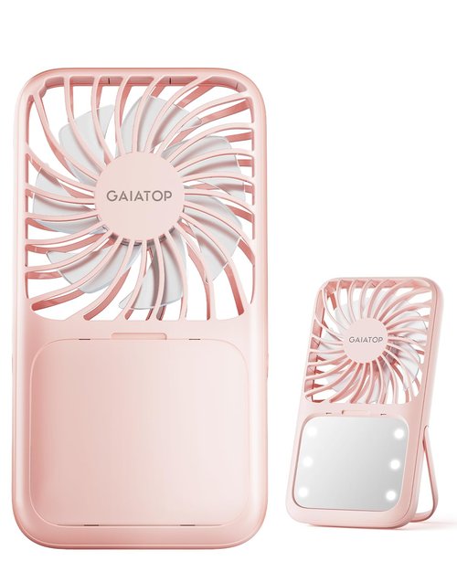 Gaiatop Portable Handheld Fan, 3 Speed LED Makeup Mirror with Light, Folding Stand for Desktop, Rechargeable Mini Personal Fans Small Travel Essentials Gifts for Women Girls