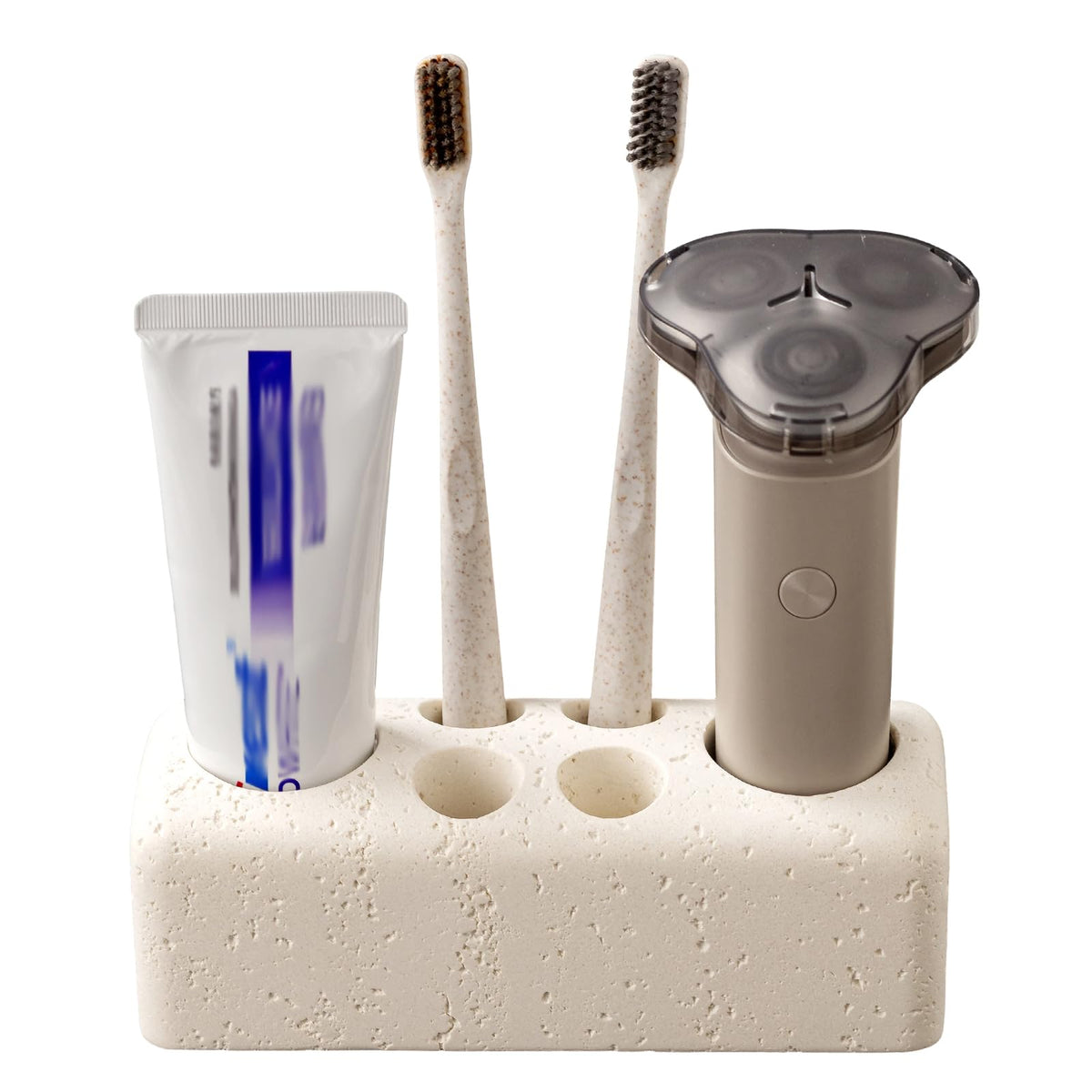 Haocoott Toothbrush Holder with 6 Slots, Bathroom Electric Toothbrush and Toothpaste Holder Set, Bathroom Organizer for Countertop, Shower, Vanity, Travertine Stone Look, Off-White
