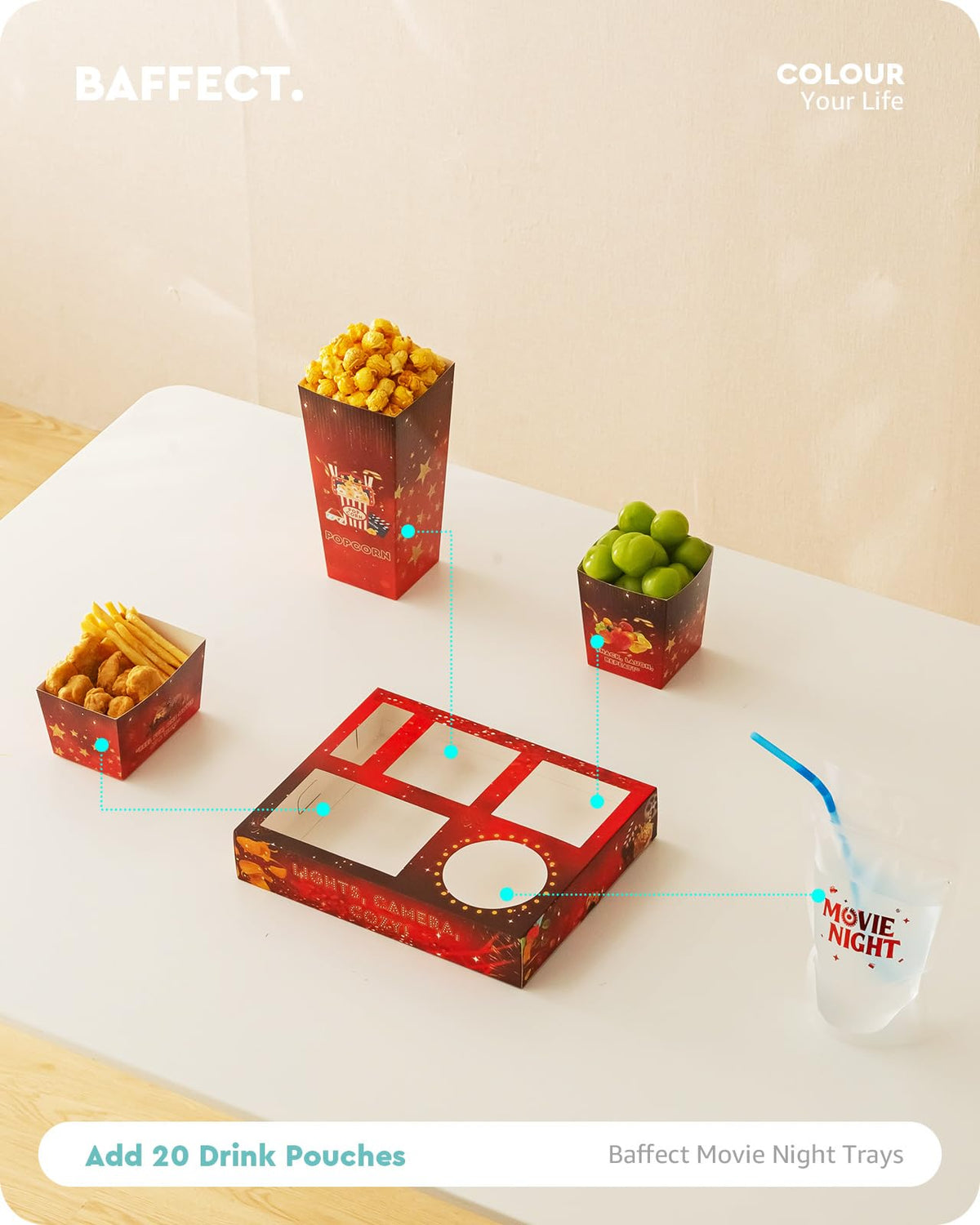Baffect Movie Night Snack Trays 140pcs, Include Movie Snack Trays, Drink Pouches With Straws, Popcorn Boxes, Salad Bowls, Nacho Bowls & Movie Party Invitations, For 20 Outdoor Movie Night Party Guests