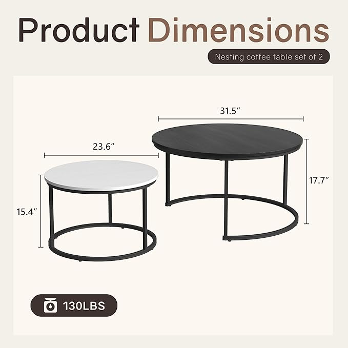 Otterease Nesting Tables Set of 2, 31.5" Round Coffee Table, Small Nesting
