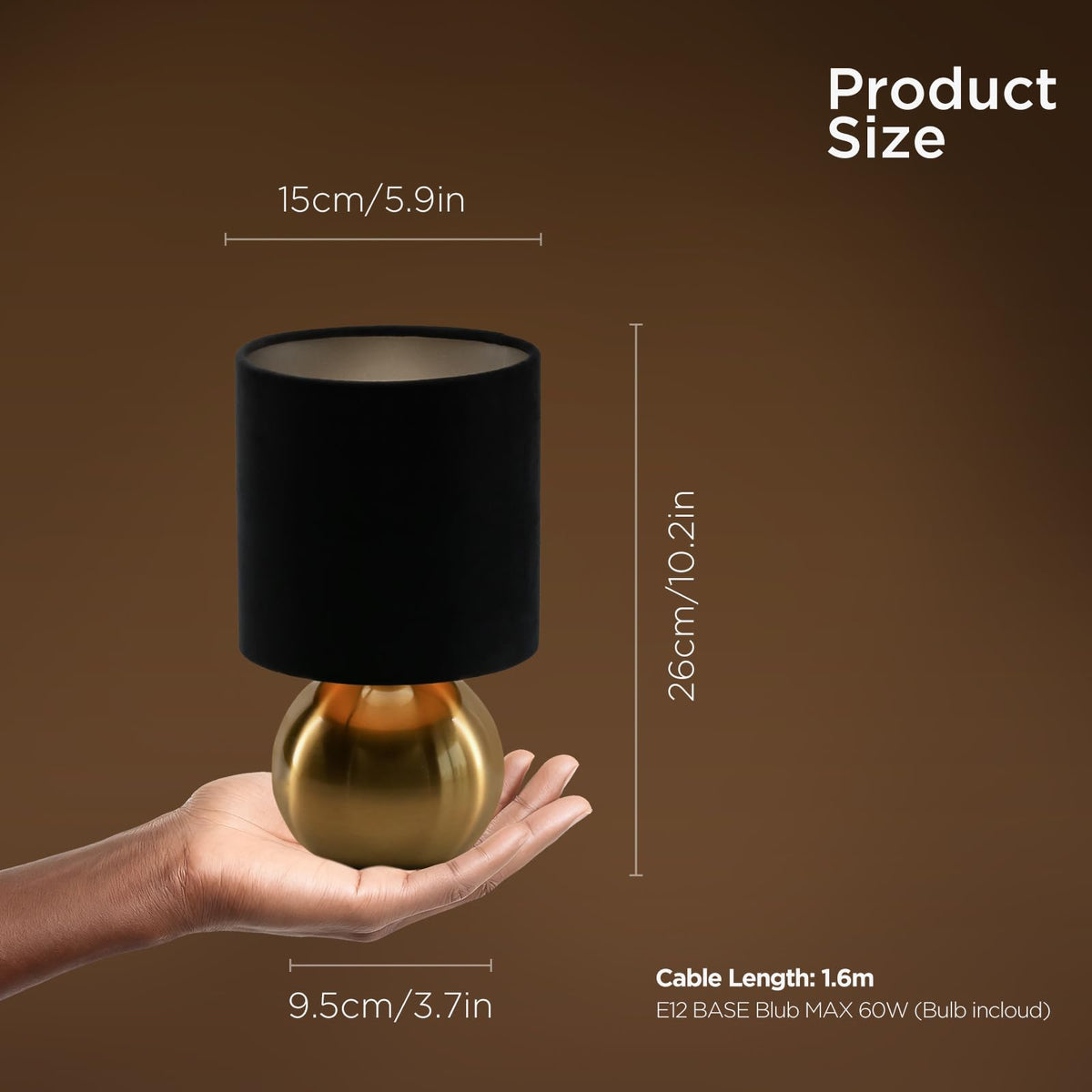 KUNJOULAM Small Bedside Lamp, Mid Century Lamp with Brass Base, Nightstand Table Lamp for Bedroom, Living Room, Bookshelf, Modern Accent Mini Table Lights Black Plastic Fabric Shade
