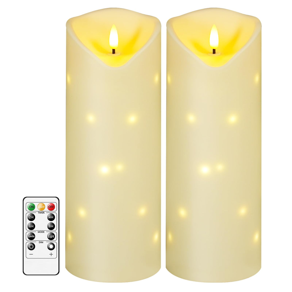 4" x10" Outdoor Flameless Candles Waterproof, Battery Operated LED Candles with Remote Control and Timer，Internal string lights，Ivory , Set of 2，Suitable for home decoration and holiday decoration